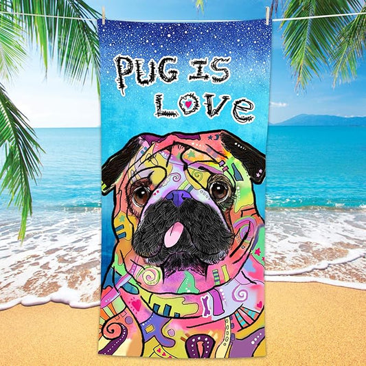 Bonsai Tree Pug Beach Towel, Cute Puppy Dog Themed Microfiber Bath Towel Gifts for Pug Lovers, Funny Abstract Trippy Sand Free Quick Dry Travel Towels for Kids Yoga Sports 30" x 60"
