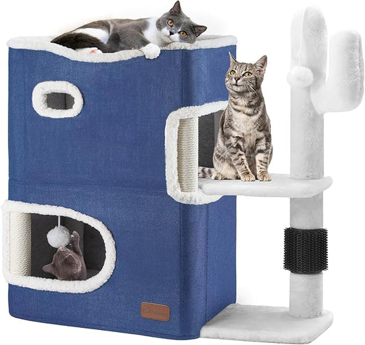 YITAHOME 2-Tier Cat House, Indoor Cat Cave Bed Playhouse, Cat Tunnels with Scratch Pad and Hideaway Cube, Cute Modern Cat Condo Furniture for Multi Small Cats, Cactus (Blue)