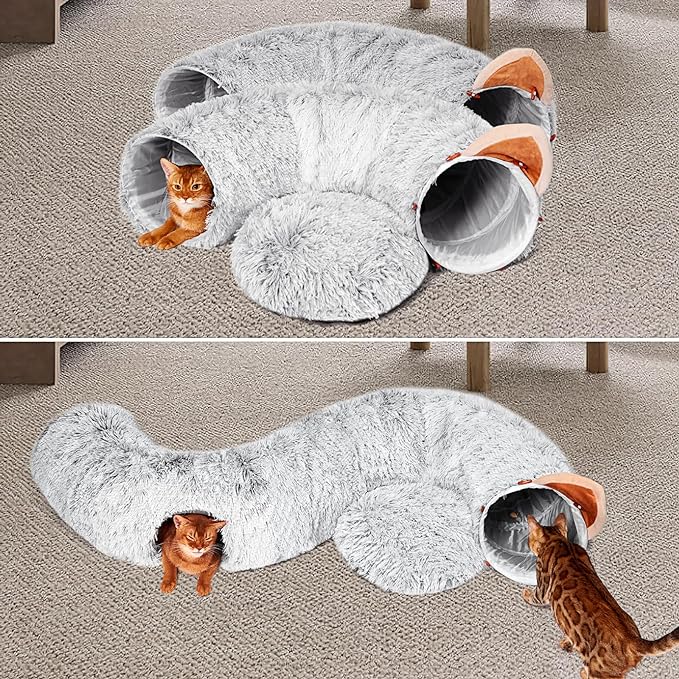 NEZIN Cat Tunnel with Cat Bed for Indoor Cats, Under Christmas Tree Plush Peekaboo Cat Cave, Multifunctional Cat Donut Tunnel Playground Toys for Cats Kitten Rabbit Ferret