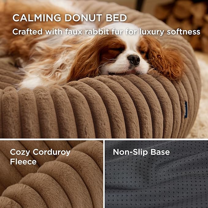 Bedsure Donut Medium Dog Bed - Washable Faux Fur Dog Bed Medium Size Dog with Corduroy Fleece & Anti Slip Bottom, Round Pet Beds with Removable Cover, Copper Brown, 30x30x8 inches