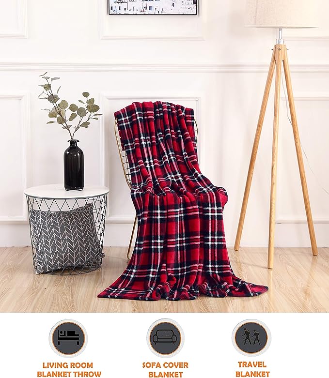 Elegant Comfort Luxury Velvet Super Soft Christmas Prints Fleece Blanket-Holiday Theme Home Décor Fuzzy Warm and Cozy Throws for Winter Bedding, Couch and Gift, 50 x 60 inch, Red Plaid