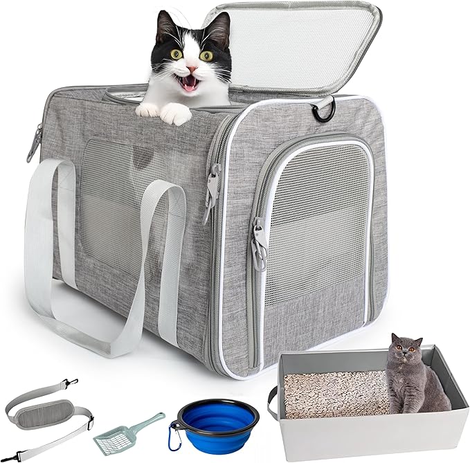 Airline-Approved Cat Carrier with Litter Box, 17x11x12” Soft Travel Litterbox up to 18 lbs Cats, Large Portable Carrier for Long Car Trips, Comes with Litter Scoop, Water Bowl, Pet ID & Cat Toy