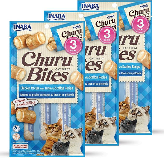 INABA Churu Bites for Cats, Soft Baked Chicken Churu Filled Cat Treats with Green Tea Extract, 0.35 Ounces Each Tube, 9 Tubes Total, Tuna with Scallop Recipe