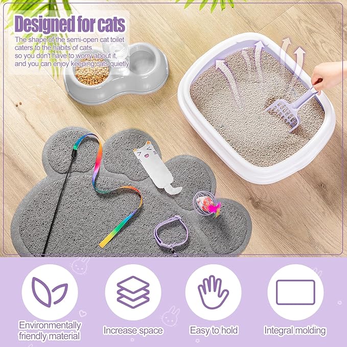 7 Pcs Small Cat Kitten Starter Kit Cat Litter Box with Shovel Cat Paw Litter Mat Double Automatic Cat Bowls Cat Toy Teaser Stick Cat Collar Essentials Kits for 1-3 Lbs Beginner (Purple,Stylish)