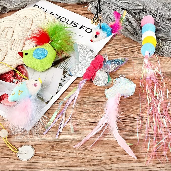 Charniol 8 Pcs Doorway Cat Toys Indoor Feather Door Hanger Interactive Hanging Dragonfly Little Mouse Retractable Teaser Kitten for Play, 6 Styles (Vibrant Style)