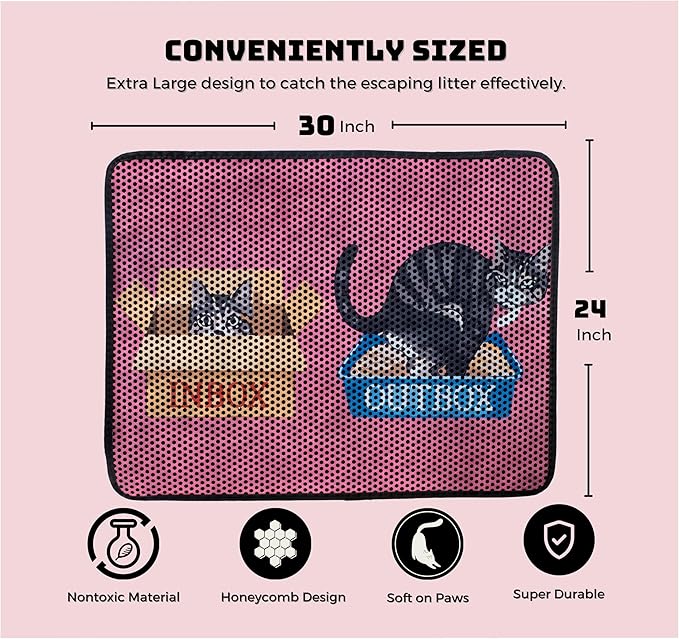 Bastet Pet Cat Litter Mat 30"x24", Double Layer XL Litter Box Mat, Cat Litter Mat Litter Trapping Mat, Water & Urine Proof Cat Mats for Litter Large, Anti Slip Cat Box Mat, Kitty Design Cat Mat, Pink