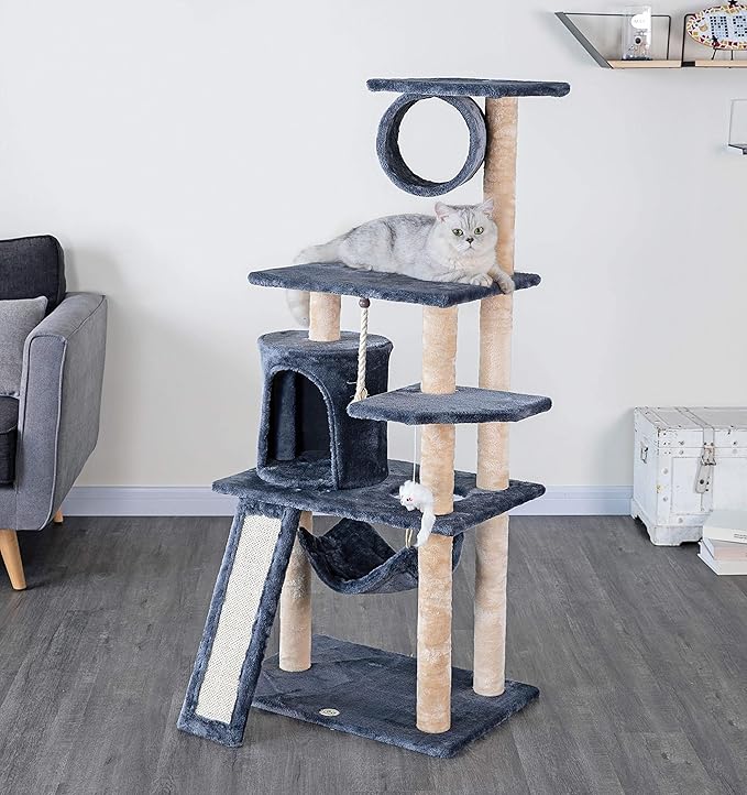 Go Pet Club Everyday Value 53in Cat Tree Kitty Tower Kitten Scratcher Condo House Furniture with Hammock and Tunnel Indoor Cat Activity Center, Gray
