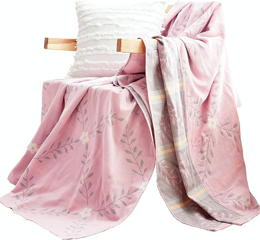 MEJU Pink Flower Muslin Throw Blanket Lightweight Summer for Bed Sofa Couch, 100% Combed Cotton 2 Layer Soft Warm Quick Dry Throw Blanket Bed Coverlet Sheet Flower Pink, F/Q 80 in X 90 in