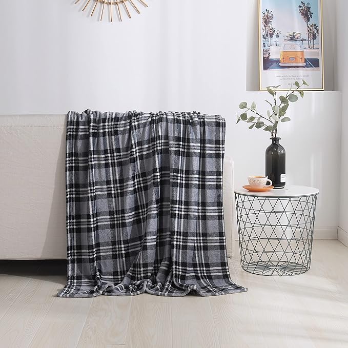 Elegant Comfort Velvet Touch Ultra Plush Christmas Holiday Printed Fleece Throw/Blanket-50 x 60inch, (Gray Plaid)