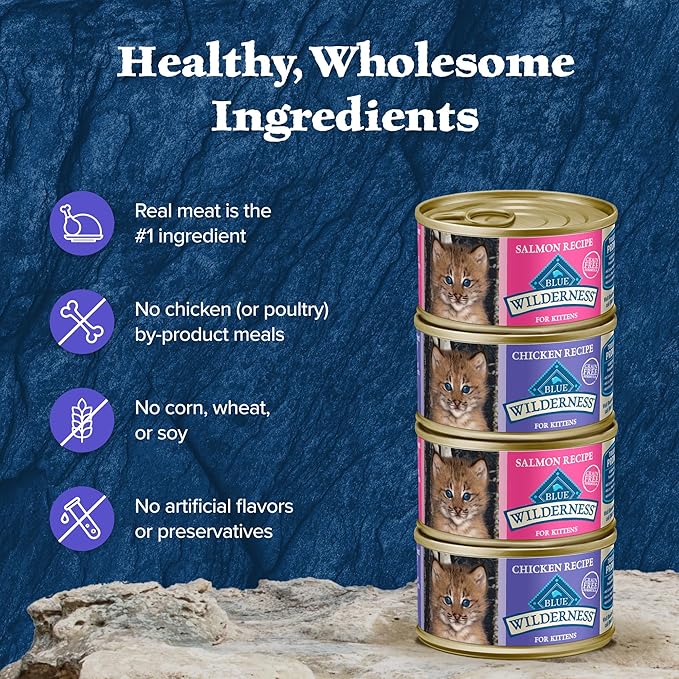 Blue Buffalo Wilderness Kitten Food, High-Protein & Grain-Free Wet Cat Food Paté Variety Pack, Chicken & Salmon Recipes, 3-oz. Cans (6 Count, 3 of Each)