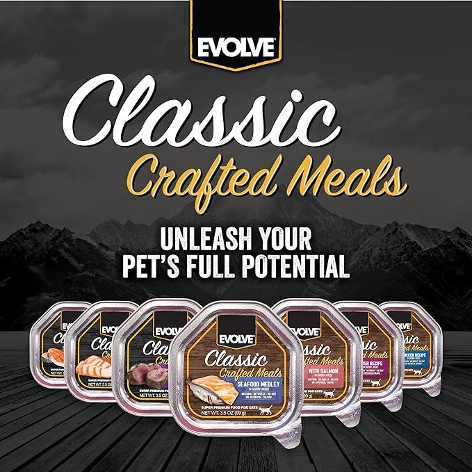 Evolve Classic Crafted Meals Cat Food Variety Pack with Salmon Recipe & Seafood Medley Recipe, 3oz (Pack of 18)