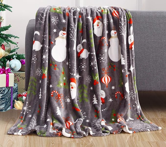 Elegant Comfort Velvet Touch Ultra Plush Christmas Holiday Printed Fleece Throw/Blanket-50 x 60inch, (Santa Snowman Gray)