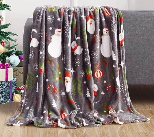 Elegant Comfort Luxury Velvet Super Soft Christmas Prints Fleece Blanket-Holiday Theme Home Décor Fuzzy Warm and Cozy Throws for Winter Bedding, Couch and Gift, 50 x 60 inch, Santa Snowman Gray