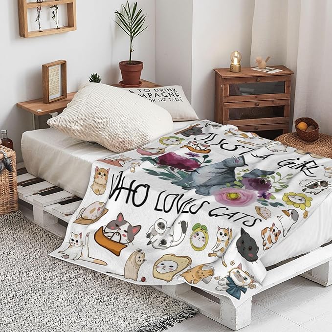Cat Blanket Super Soft Flannel Throw Blanket Just a Girl Who Loves cat Blankets Cat Gifts for Cat Lovers Cozy Lightweight Blankets for Women Kids Adults 60"X 50"