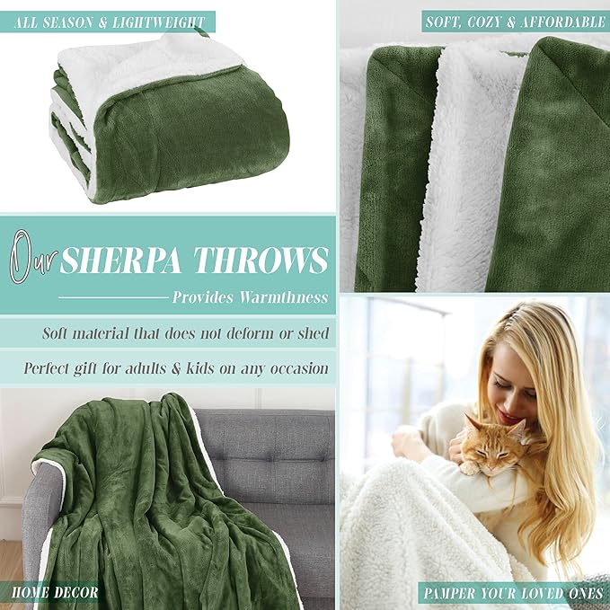 Elegant Comfort Reversible and Ultra-Plush Flannel Fleece Sherpa Throw- Lightweight Soft and Cozy- All Season Decorative Throw, Perfect for Lounging, 50 x 60 inches, Sage
