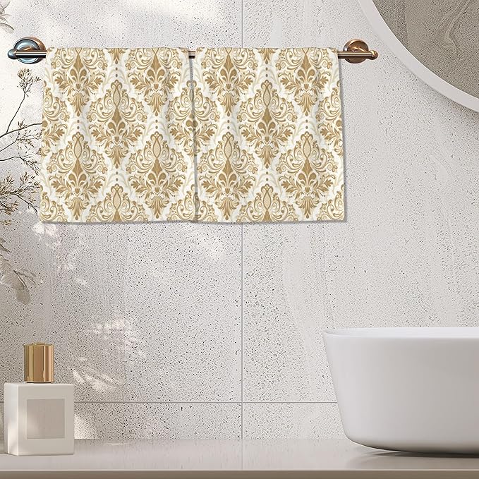 Vintage Damask Hand Towels for Bathroom,Gold Orient Flower Hand Bath Towels Soft Absorbent Dish Towels for Kitchen Bathroom Gym Beach Decorative Towels,Set of 2