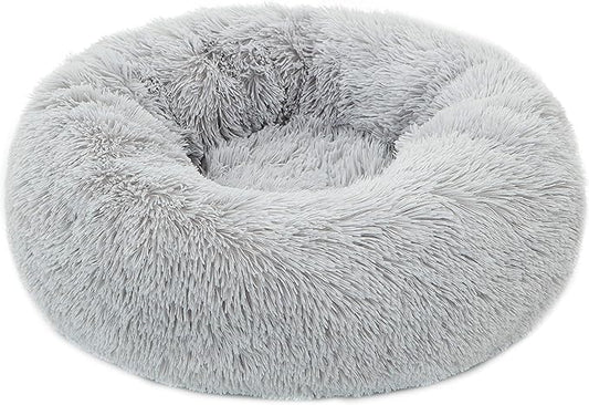 Calming Donut Dog Bed Small, Plush Round Cuddler Dog & Cat Bed, Anit-Anxiety Marshmellow Fluffy Faux Fur Cushion(20", Light Grey)