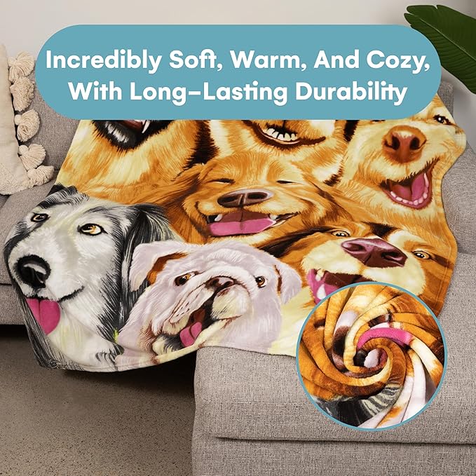 Dawhud Direct Cartoon Selfie Dog Fleece Blanket for Bed, 50" x 60" Puppy Fleece Throw Blanket for Women, Men and Kids - Super Soft Plush Dog Blanket Throw