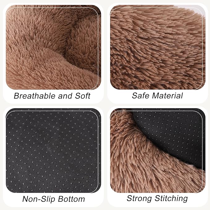 Calming Dog Bed, Dog Beds Fits up to 80 lbs Pets, Fluffy Donut Dog & Cat Bed Washable, Round Anti Anxiety Dog Bed, Small Dog Bed with Non-Slip Bottom (Khaki, 36" x 36")