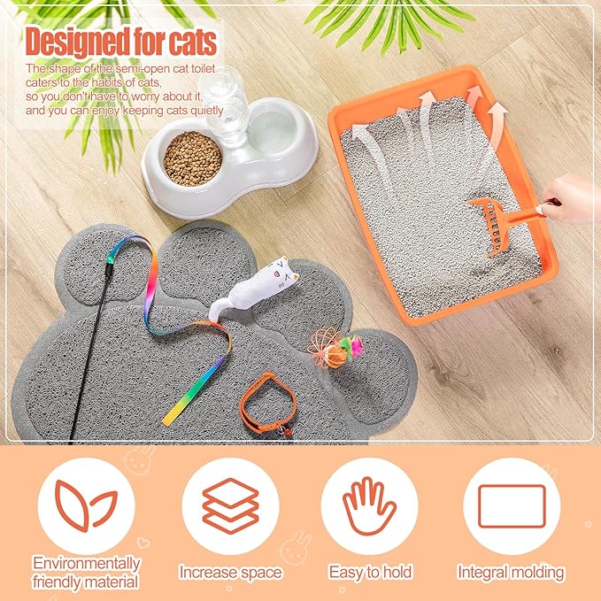 7 Pcs Small Cat Kitten Starter Kit Cat Litter Box with Shovel Cat Paw Litter Mat Double Automatic Cat Bowls Cat Toy Teaser Stick Cat Collar Essentials Kits for 1-3 Lbs Beginner (Orange,Simple)