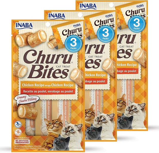 INABA Churu Bites for Cats, Soft Baked Chicken Churu Filled Cat Treats with Green Tea Extract, 0.35 Ounces Each Tube, 9 Tubes Total, Chicken Recipe