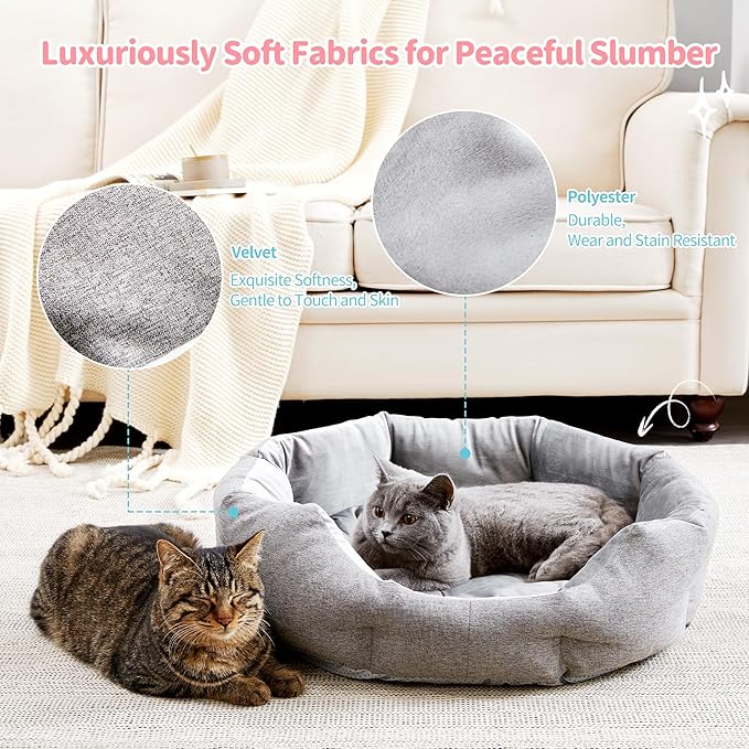 Made4Pets Cat Beds for Indoor Cats - Dog Beds for Small Dogs, Round Pet Bed for Puppy and Kitten, Washable Dog Bed with Anti-Slip Bottom, Removable Dual-Fabric Cushion for All Season, Grey