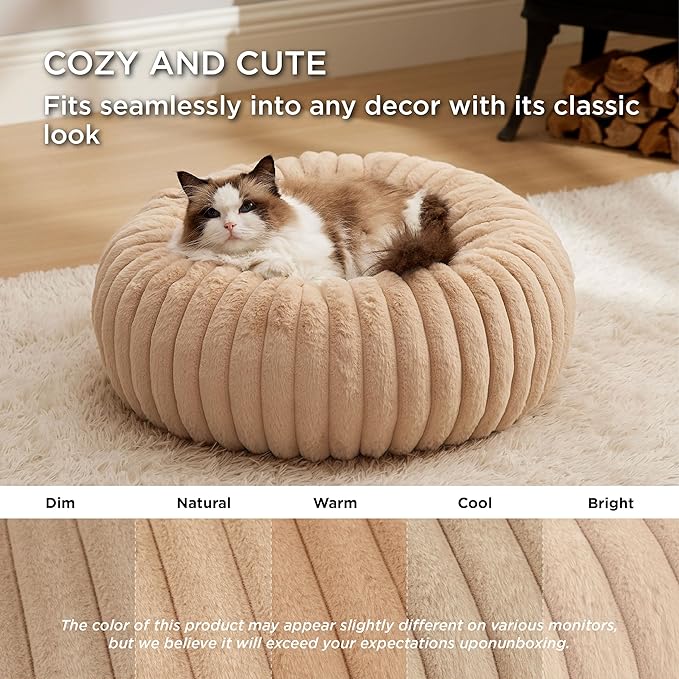 Bedsure Cat beds for Indoor Cats - Donut Dog Beds for Small Dogs with Corduroy Fleece & Anti Slip Bottom, Faux Fur Pet Beds with Washable Removable Cover, Sandy Tan, 20x20x6 inches