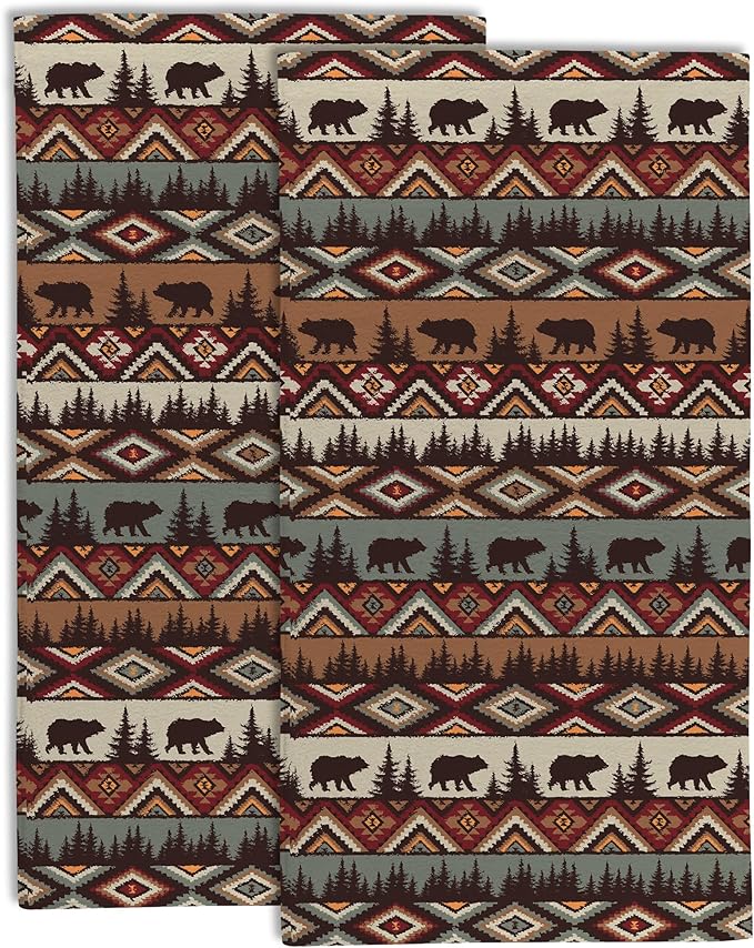 Vintage Brown Bear and Forest Kitchen Hand Towel Set of 2,Wild Animals Bathroom Hand Towel,Soft Absorbent Decorative for Bathroom Kitchen Hotel Gym Yoga