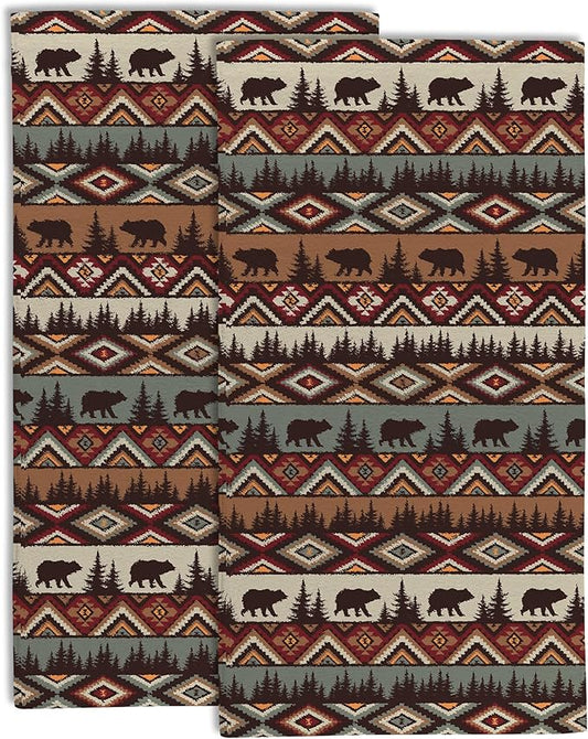 Vintage Brown Bear and Forest Kitchen Hand Towel Set of 2,Wild Animals Bathroom Hand Towel,Soft Absorbent Decorative for Bathroom Kitchen Hotel Gym Yoga