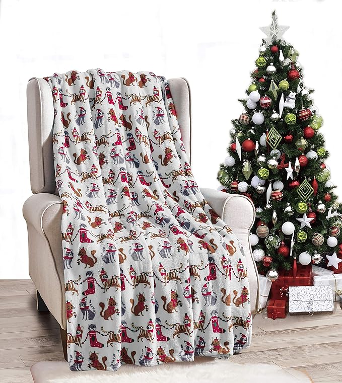 Elegant Comfort Velvet Touch Ultra Plush Christmas Holiday Printed Fleece Throw/Blanket-50 x 60inch, (White Christmas Cats)
