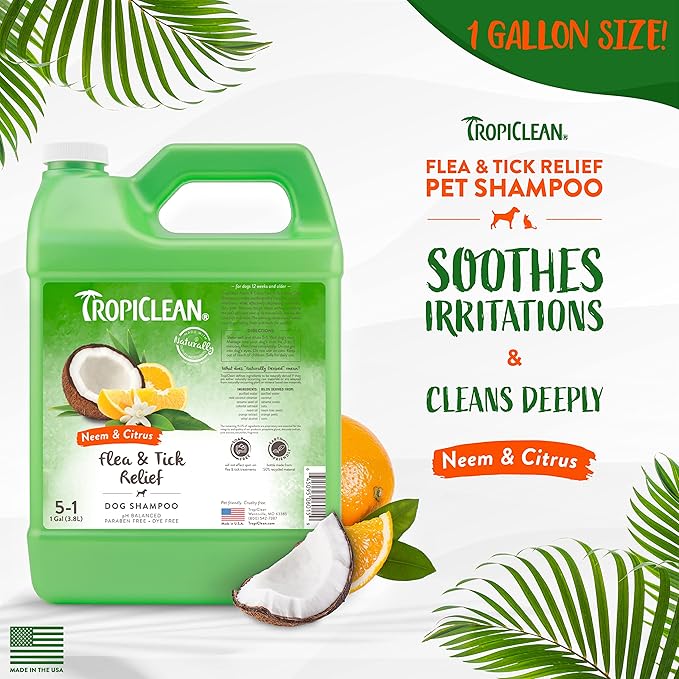 TropiClean Citrus Flea & Tick Shampoo for Dogs, Soothing Bite Relief, Citrus & Neem Scent, Made in the USA, 1 gallon