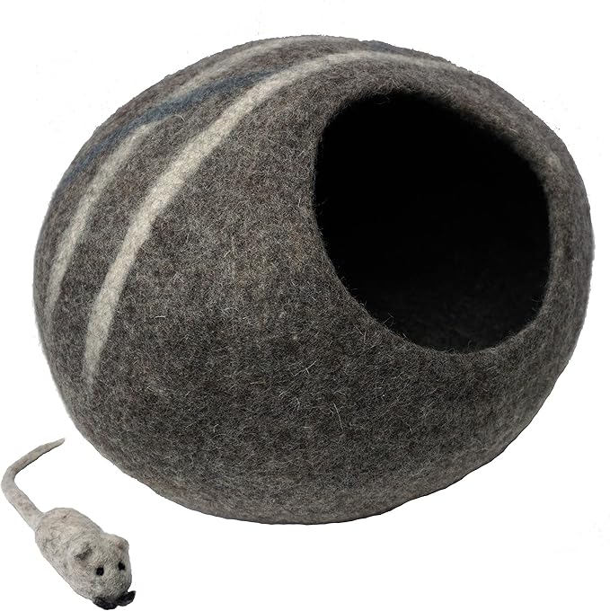 100% Wool Felt Cat Cave Bed Handmade in Nepal with Free Mouse Toy Included (Gray Stripe)