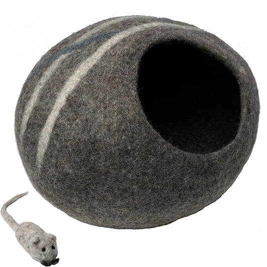 100% Wool Felt Cat Cave Bed Handmade in Nepal with Free Mouse Toy Included (Gray Stripe)