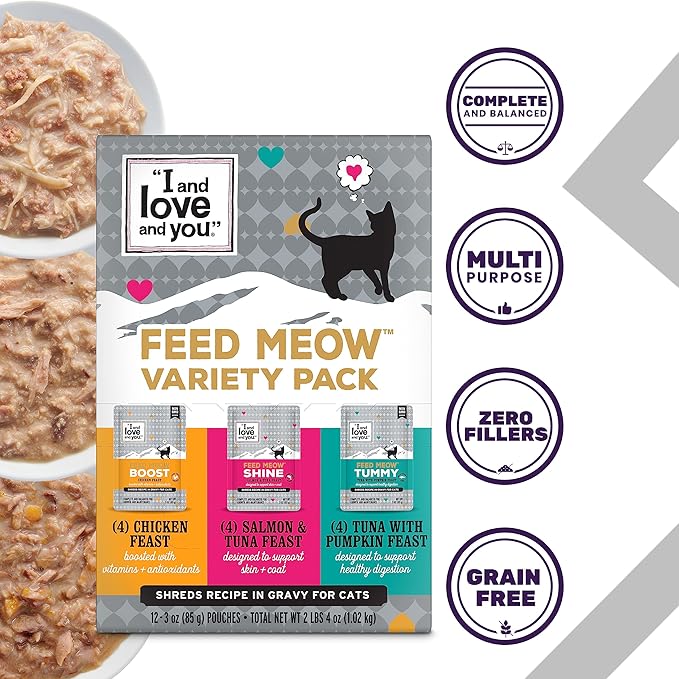 I and love and you Feed Meow Variety Pack - Salmon, Chicken, Tuna - Grain Free, Shredded, No Fillers 3oz Pack of 12