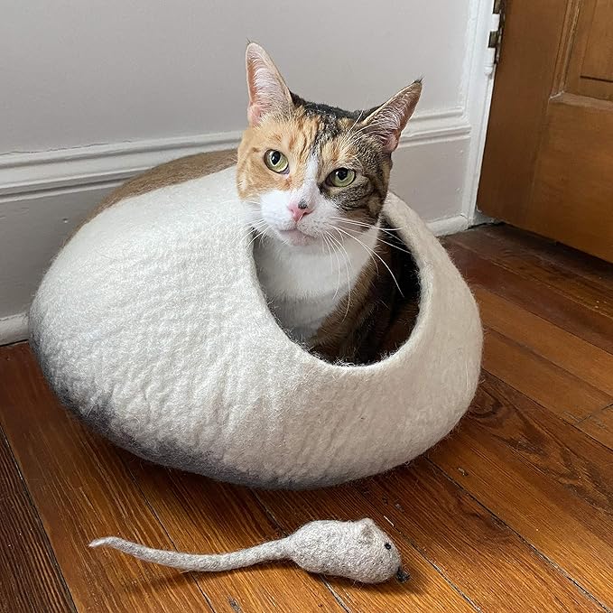 100% Wool Felt Cat Cave Bed Handmade in Nepal with Free Mouse Toy Included (Gray/Tan/Cream)