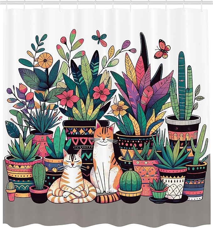Ambesonne Cat Shower Curtain, Modern Illustration Flower Cactus and Plant Blooms Kitties Cozy Calm Drawing, Cloth Fabric Bathroom Decor Set with Hooks, 69" W x 75" L, Teal Pink and Purple