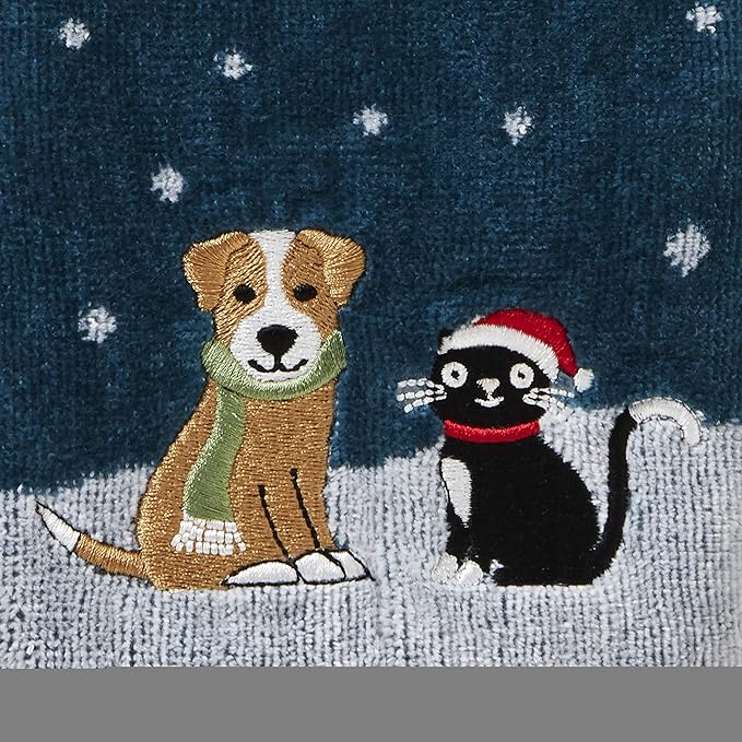 SKL Home Christmas/Winter Cat & Dog Hand Towel 2pc Set for Bath/Kitchen & Gift, Teal