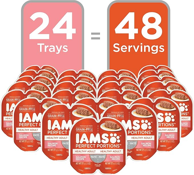 IAMS Perfect Portions Healthy Adult Grain Free Wet Cat Food Paté, Salmon Recipe, 2.6 oz. Easy Peel Twin-Pack Trays (24 Count, 48 Servings)