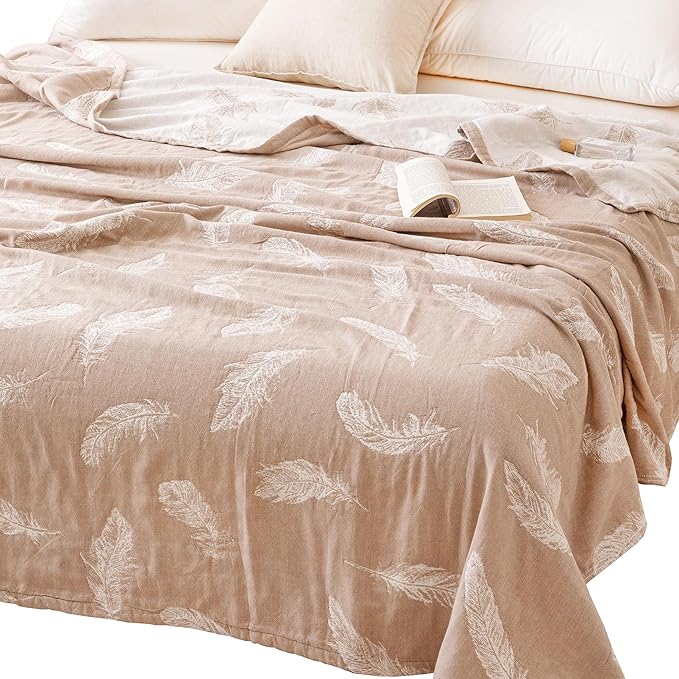 MEJU Feather Modern Fashion All Season Blanket Throw Decorative for Bed Sofa Couch 100% Cotton 3 Layer Soft Warm Reversible Bedspread Throw Blanket Bed Coverlet Sheet Grey F/Q 80 in x 90 in