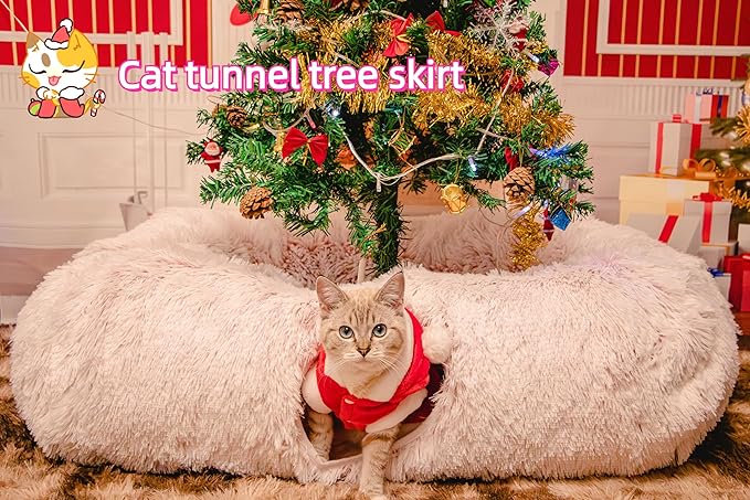 XxingSheep Extra Large Cat Tunnel Bed for Indoor Cats Peekaboo Cat Cave Donut with Center Mat,Pinkish White