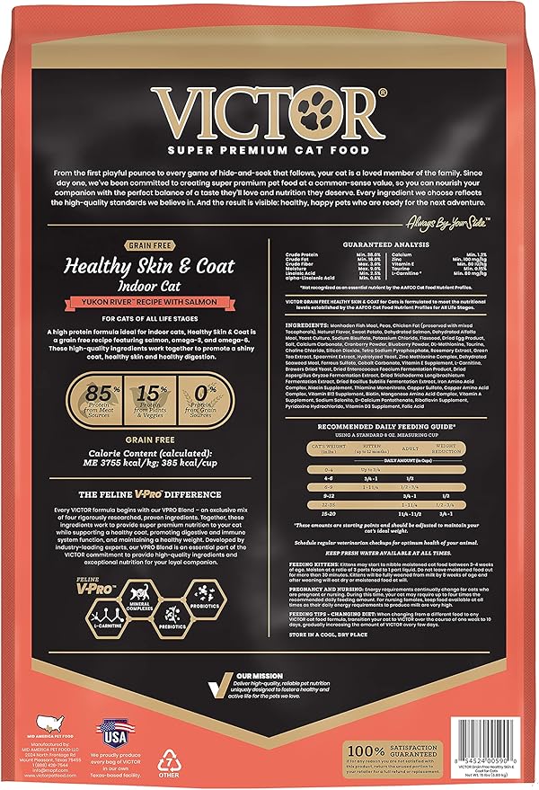 Victor Super Premium Cat Food – Grain Free Healthy Skin & Coat - Dry Cat Food for Indoor Cats – Yukon River Recipe – All Breeds and All Life Stages from Kitten to Adult, 15lb