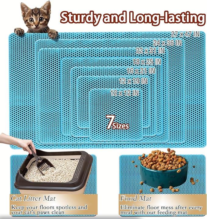 2025 𝗡𝗘𝗪 Waterproof Cat Litter Mat | Double Layer EVA, Odor-Free Large Grid | Urine Proof & Easy Cleanup | Soft on Paws | Versatile Design for Litter and Feeding (Blue, 27×47)