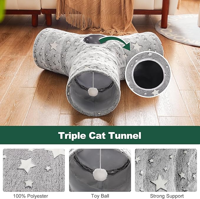 Love's cabin Cat Tunnel Tube Cat Toys 3 Way Collapsible, Self-Luminous Cat Tunnels for Indoor Cats，Kitten Tunnel Bored Cat Play Tunnel with Peek Hole Toy Ball for Cat, Kitty, Kitten, Puppy Grey