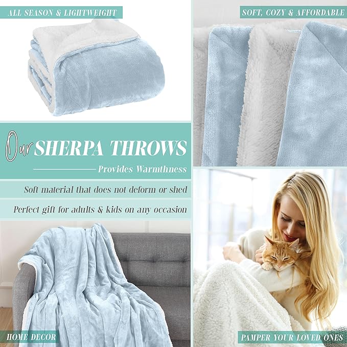 Elegant Comfort Reversible and Ultra-Plush Flannel Fleece Sherpa Throw- Lightweight Soft and Cozy- All Season Decorative Throw, Perfect for Lounging, 50 x 60 inches, Aqua Blue