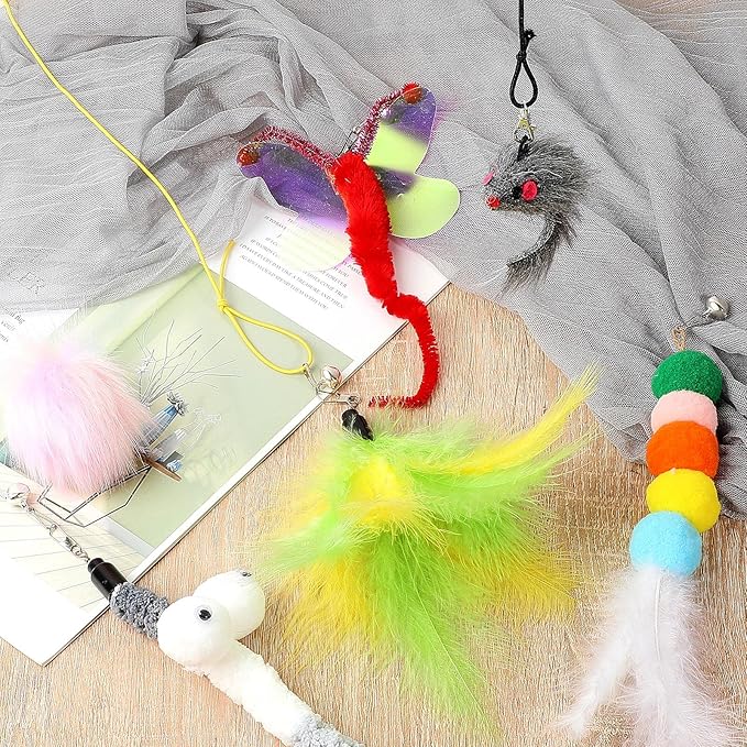 8 Pcs Doorway Cat Toys Indoor Feather Cat Toys Door Hanger Cat Toys Interactive Hanging Cat Toys Dragonfly Little Mouse Toys Retractable Cat Teaser Toys Kitten Toys for Play, 6 Styles (Cute Style)