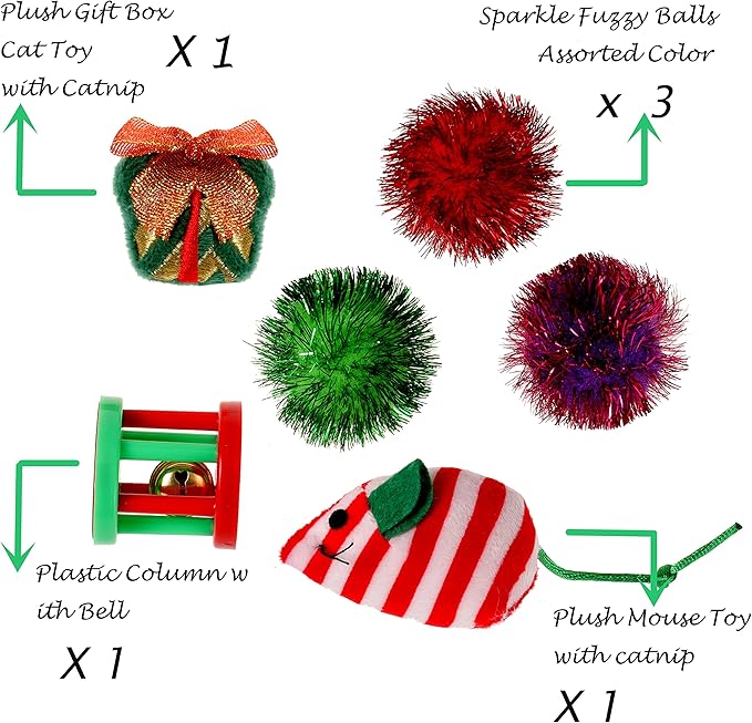 Christmas Cat Toys Set - Cat Interactive Toys, Cute Bag, Plastic Wheel Toy with Bell, Sparkle Balls, Plush Catnip Mice