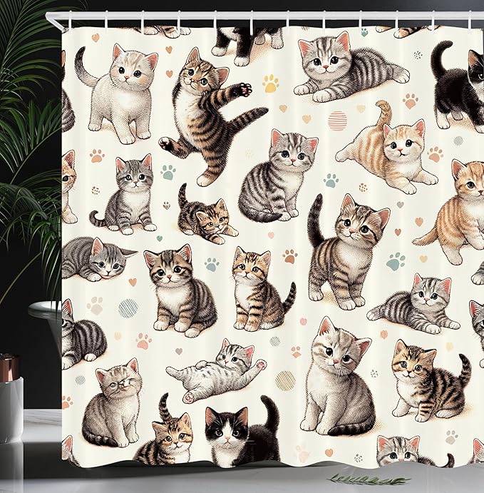 Ambesonne Cat Shower Curtain, Pattern of Little Kittens Playful Poses Joyous Concept Pastel Paw Prints, Cloth Fabric Bathroom Decor Set with Hooks, 69" W x 84" L, Off White Taupe and Grey