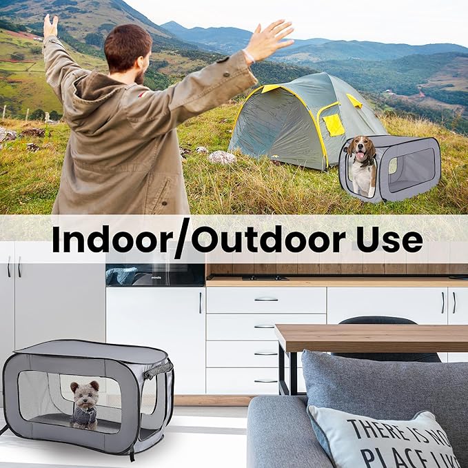 Beatrice Home Fashions Portable, Collapsible, Pop Up Kennel Travel Cat and Dog Crate, 40" L x 27" W x 27" H, Gray