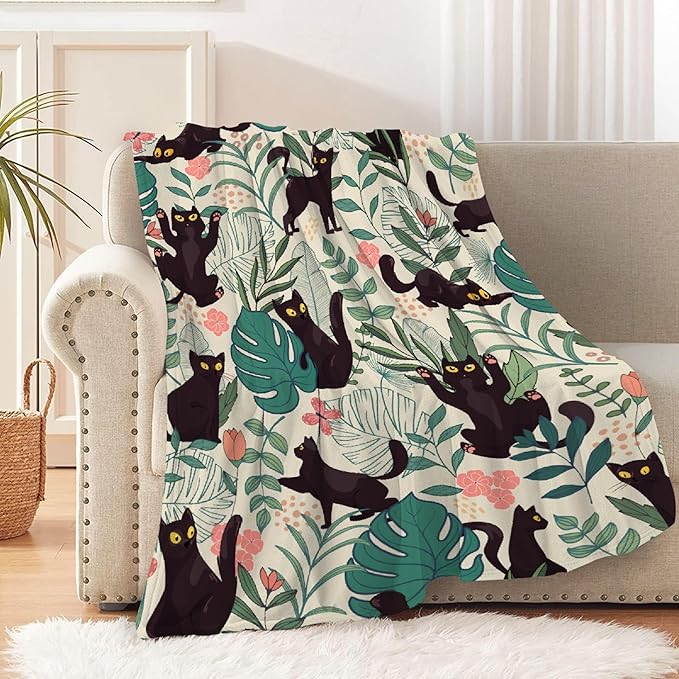 Floral Cat Throw Blanket Super Soft Cozy Black Cat Blanket for Kid Adult Women Men Best Hallowen for Cat Mom Cat Lovers Cute Pet Cats Blanket for Couch Bed Sofa Dorm Home Decor(60"X50")
