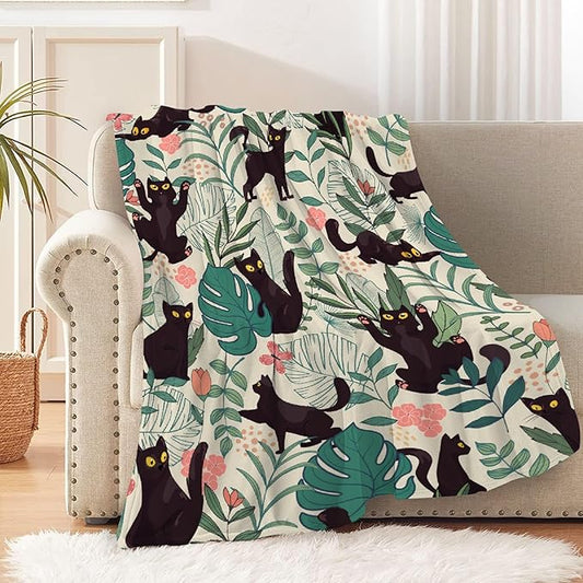 Floral Cat Throw Blanket Super Soft Cozy Black Cat Blanket for Kid Adult Women Men Best Hallowen for Cat Mom Cat Lovers Cute Pet Cats Blanket for Couch Bed Sofa Dorm Home Decor(60"X50")